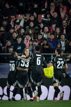 Ethan Nwaneri Arsenal FC celebrates after scoring his team s goal with team mates during a UEFA Champions League match between Girona FC and Arsenal FC at Estadi Municipal de Montilivi in Girona, Girona, Spain, on January 29 2025 Photo by Felipe Mondino Copyright: x@FELIPExMONDINOx