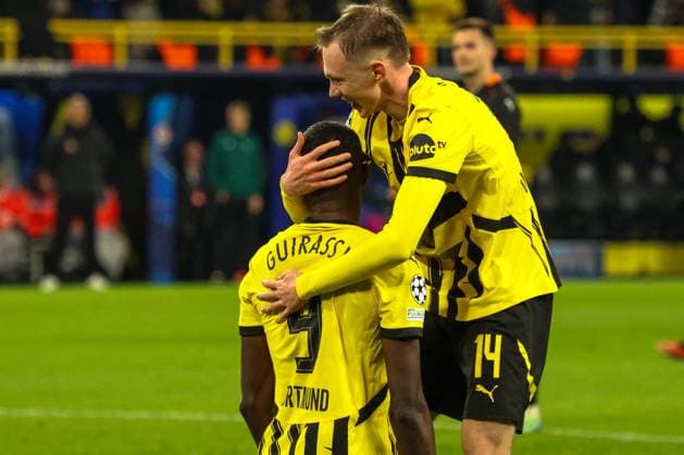 Dortmund, Germany 29 January 2025 Champions League 2024 2025 Borussia Dortmund vs Shakhtar Donetsk In the picture from left goal scorer Serhou Guirassy BVB scores the goal for Borussia Dortmund and cheers with Maximilian Beier BVB Signal Iduna Park North Rhine-Westphalia Copyright: xFotostandx xFantinix