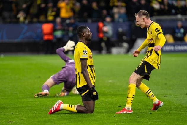 GER, UEFA Champions League, Matchday 8 Borussia Dortmund vs FC Shakhtar Donetsk 29 01 2025, Signal Iduna Park, Dortmund, GER, UEFA Champions League, Matchday 8 Borussia Dortmund vs FC Shakhtar Donetsk In the picture Goal celebrations for the 2-0 goal by Sehrou Guirassy Borussia Dortmund, 9 Maximilian Beier Borussia Dortmund, 14 nordphotoxGmbHxx xChristianxSchulze nph000300