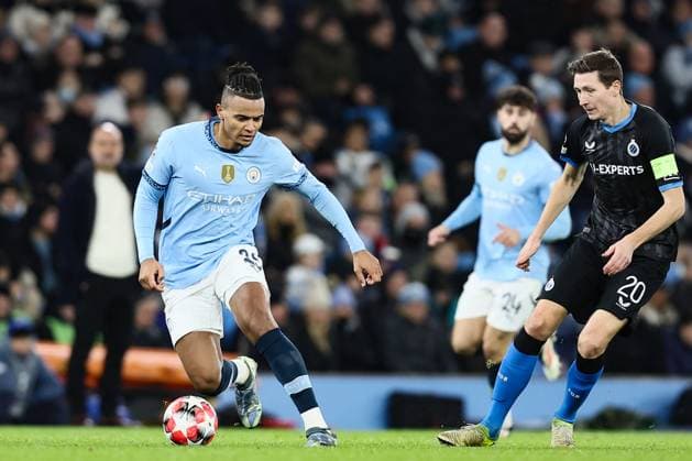 Manchester City s Manuel Akanji and Club s Hans Vanaken fight for the ball during a soccer game between English Manchester City and Belgian Club Brugge KV, Wednesday 29 January 2025 in Manchester, United Kingdom, on the eight day (out of 8) of the UEFA Champions League league phase. BRUNOxFAHY  x111417678x