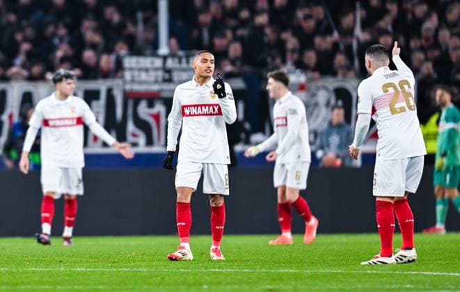 Enzo Millot VfB Stuttgart looks frustrated and argues with Deniz Undav VfB Stuttgart during the UEFA Champions League 2024 25 League Phase MD8 match between VfB Stuttgart and Paris Saint Germain at MHPArena on January 29, 2025 in Stuttgart, Germany Photo by Silas Schueller DeFodi Images Defodi 738 738 VFBPSG 20250129 169 Defodi-738