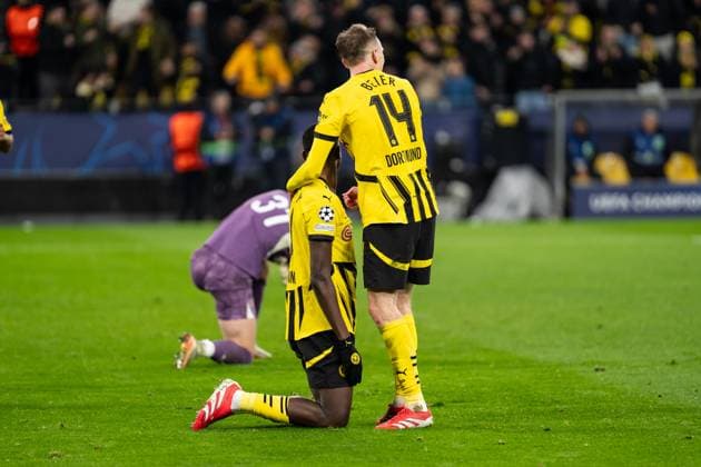 GER, UEFA Champions League, Matchday 8 Borussia Dortmund vs FC Shakhtar Donetsk 29 01 2025, Signal Iduna Park, Dortmund, GER, UEFA Champions League, Matchday 8 Borussia Dortmund vs FC Shakhtar Donetsk In the picture Goal celebrations for the 2-0 goal by Sehrou Guirassy Borussia Dortmund, 9 Maximilian Beier Borussia Dortmund, 14 nordphotoxGmbHxx xChristianxSchulze nph000300