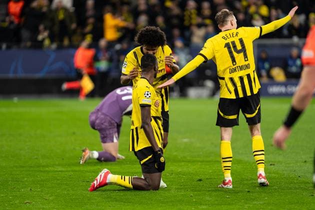 GER, UEFA Champions League, Matchday 8 Borussia Dortmund vs FC Shakhtar Donetsk 29 01 2025, Signal Iduna Park, Dortmund, GER, UEFA Champions League, Matchday 8 Borussia Dortmund vs FC Shakhtar Donetsk In the picture Goal celebrations for the 2-0 goal by Sehrou Guirassy Borussia Dortmund, 9 Maximilian Beier Borussia Dortmund, 14 Karim Adeyemi Borussia Dortmund, 27 nordphotoxGmbHxx xChristianxSchulze nph000300