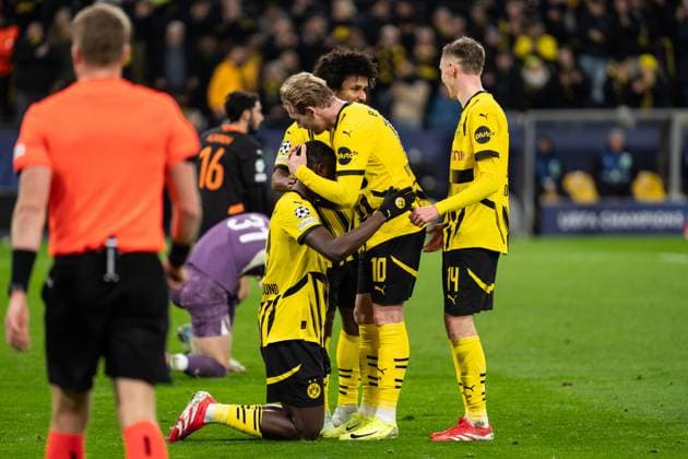 GER, UEFA Champions League, Matchday 8 Borussia Dortmund vs FC Shakhtar Donetsk 29 01 2025, Signal Iduna Park, Dortmund, GER, UEFA Champions League, Matchday 8 Borussia Dortmund vs FC Shakhtar Donetsk In the picture Goal celebrations for the 2-0 goal by Sehrou Guirassy Borussia Dortmund, 9 Karim Adeyemi Borussia Dortmund, 27 Julian Brandt Borussia Dortmund, 10 Maximilian Beier Borussia Dortmund, 14 nordphotoxGmbHxx xChristianxSchulze nph000300