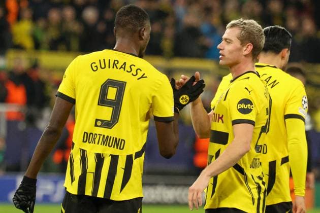 Dortmund, Germany 29 January 2025 Champions League 2024 2025 Borussia Dortmund vs Shakhtar Donetsk In the picture from left goal scorer Serhou Guirassy BVB scores the goal for Borussia Dortmund and cheers with Julian Ryerson BVB Signal Iduna Park North Rhine-Westphalia Copyright: xFotostandx xFantinix