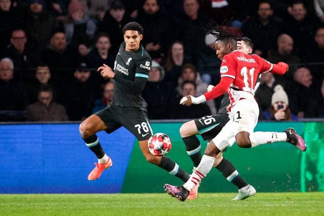 2025-01-29 PSV Eindhoven v Liverpool FC - UEFA Champions League 2024 25 League Phase MD8 EINDHOVEN, NETHERLANDS - JANUARY 29: Johan Bakayoko of PSV scores a goal, Jarell Quansah of Liverpool FC, Andrew Robertson of Liverpool FC during the UEFA Champions League 2024 25 League Phase MD8 match between PSV Eindhoven and Liverpool FC at PSV Stadion on January 29, 2025 in Eindhoven, Netherlands. Eindhoven PSV Stadion Netherlands Content not available for redistribution in The Netherlands directly or indirectly through any third parties. Copyright: xBroerxvanxdenxBoomx