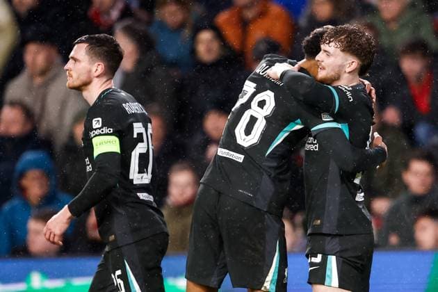2025-01-29 PSV Eindhoven v Liverpool FC - UEFA Champions League 2024 25 League Phase MD8 EINDHOVEN, NETHERLANDS - JANUARY 29: Harvey Elliott of Liverpool FC celebrates after scoring his teams second goal, Jarell Quansah of Liverpool FC during the UEFA Champions League 2024 25 League Phase MD8 match between PSV Eindhoven and Liverpool FC at PSV Stadion on January 29, 2025 in Eindhoven, Netherlands. Eindhoven PSV Stadion Netherlands Content not available for redistribution in The Netherlands directly or indirectly through any third parties. Copyright: xBroerxvanxdenxBoomx