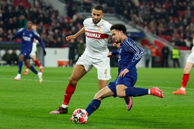 Stuttgart 29 January 2025 Uefa Champions League phase 2024 25 Matchday 8, VFB Stuttgart Paris Saint Germain v l , Josha Vagnoman VFB Stuttgart , Warren Zaire Emery Paris Saint Germain , Duel, Action, Action, Battles for the Ball Copyright: JoaquimxFerreira