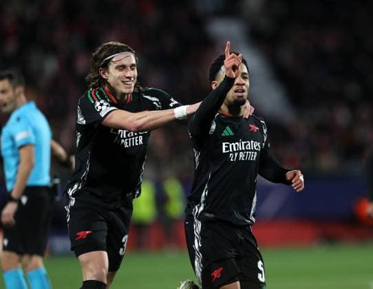 Ethan Nwaneri of Arsenal celebrates scoring his teams 2nd goal with Riccardo Calafiori Girona v Arsenal, UEFA CHampions League, Estadi Montilivi, Girona, Spain - 29 01 2025 Editorial use only  Copyright: xMartinxSerasxLima Shutterstockx 15124935f
