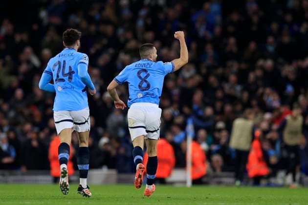 Manchester City v Club Brugge Champions League 29 01 2025. Mateo Kovacic (8) of Manchester City celebrates scoring to make it 1-1 during the Champions League match between Manchester City and Club Brugge at the Etihad Stadium, Manchester, England on 29 January 2025. Manchester Etihad Stadium Manchester England Editorial use only , Copyright: xConorxMolloyx PSI-21352-0047