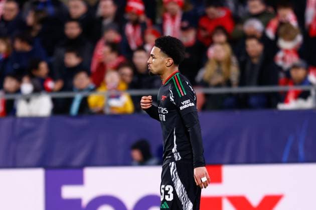 January 29, 2025, Girona, Madrid, SPAIN: Ethan Nwaneri of Arsenal FC celebrates a goal during the UEFA Champions League 2024 25 League Phase MD8 match between Girona FC and Arsenal FC at Estadio de Montilivi on January 29, 2025, in Girona, Spain. Girona SPAIN - ZUMAa181 20250129_zaa_a181_075 Copyright: xDennisxAgyemanx