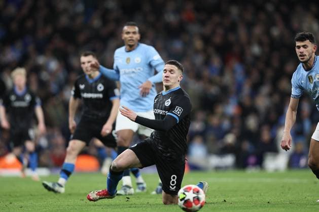 Club s Christos Tzolis pictured in action during a soccer game between English Manchester City and Belgian Club Brugge KV, Wednesday 29 January 2025 in Manchester, United Kingdom, on the eight day (out of 8) of the UEFA Champions League league phase. BRUNOxFAHY  x111418629x