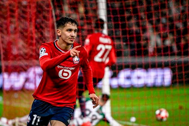 LOSC Lille midfielder Osame Sahraoui celebrating the goal 2 1, during the match Lille Feyenoord at the Stade Pierre Mauroy for the UEFA Champions League phase Matchday 8 season 2024 2025 in LILLE, France on 29 januari 2025, photo by Stefan Koops EYE4images DeFodi Images Defodi 746 211666 Defodi-746