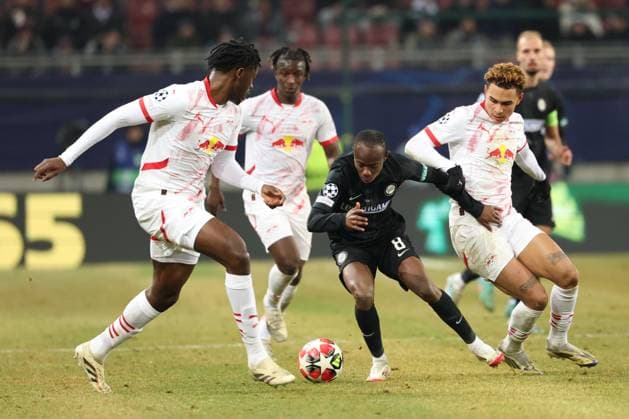 SOCCER - UEFA CL, Sturm vs RB Leipzig KLAGENFURT,AUSTRIA,29.JAN.25 - SOCCER - UEFA Champions League, SK Sturm Graz vs RasenBallsport Leipzig. Image shows Lutsharel Geertruida (RB Leipzig), Malick Yalcouye (Sturm) and Antonio Nusa (RB Leipzig).  GEPAxpictures xChrisxBauer