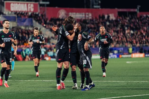 January 29, 2025, Madrid, Madrid, Spain: NWANERI, 53 of Arsenal celebrates with teammates CALAFIORI, 33 and STERLING, 30 after scoring during the match against Girona at Montivili Stadium. Madrid Spain - ZUMAg271 20250129_znp_g271_002 Copyright: xNataliaxGarciax