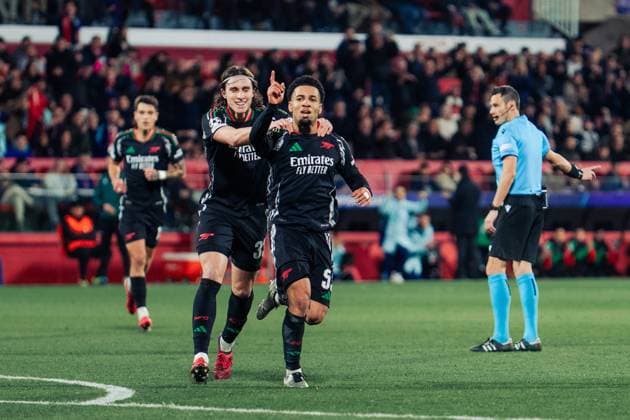 January 29, 2025, Madrid, Madrid, Spain: NWANERI, 53 of Arsenal celebrates with teammate CALAFIORI, 33 after scoring during the match against Girona at Montivili Stadium. Madrid Spain - ZUMAg271 20250129_znp_g271_006 Copyright: xNataliaxGarciax