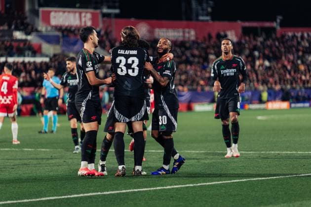 January 29, 2025, Madrid, Madrid, Spain: NWANERI, 53 of Arsenal celebrates with teammates CALAFIORI, 33 and STERLING, 30 after scoring during the match against Girona at Montivili Stadium. Madrid Spain - ZUMAg271 20250129_znp_g271_007 Copyright: xNataliaxGarciax