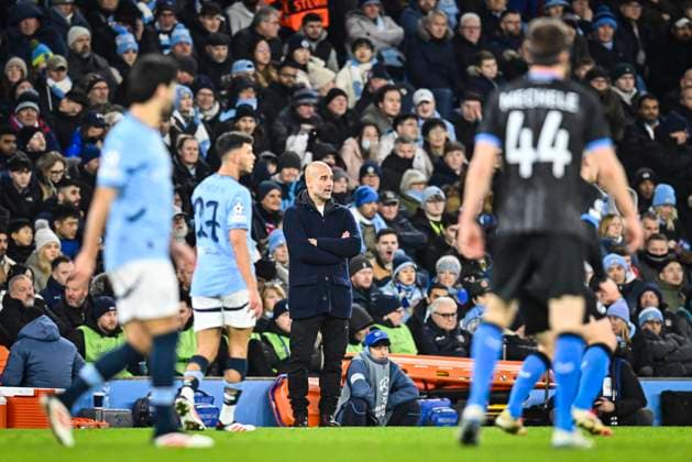 29th January 2025; Etihad Stadium, Manchester, England; UEFA Champions League Football, Manchester City versus Club Brugge; Manchester City Manager Pep Guardiola watches play  ActionPlus12745094 GodfreyxPitt