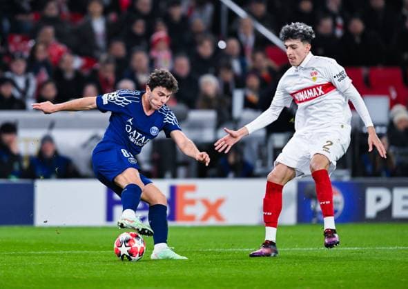 Joao Neves Paris Saint Germain and Ameen Al Dakhil VfB Stuttgart battle for the ball during the UEFA Champions League 2024 25 League Phase MD8 match between VfB Stuttgart and Paris Saint Germain at MHPArena on January 29, 2025 in Stuttgart, Germany Photo by Silas Schueller DeFodi Images Defodi 738 738 VFBPSG 20250129 207 Defodi-738