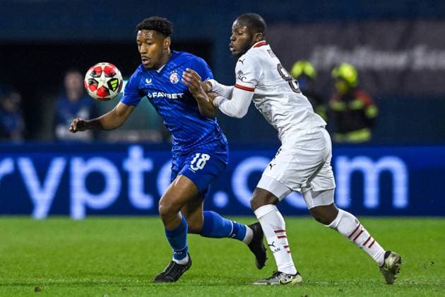 GNK Dinamo v AC Milan - UEFA Champions League 2024 25 League Phase MD8 Ronael Pierre-Gabriel of Dinamo Zagreb and Yunus Musah of AC Milan fights for the ball during the UEFA Champions League 2024 25 League Phase MD8 match between GNK Dinamo and AC Milan at Maksimir Stadium on January 29, 2025. in Zagreb, Croatia.  MarkoxLukunic PIXSELL