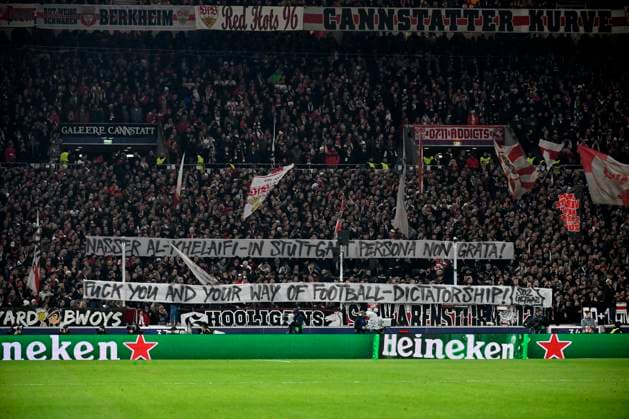 Banner, protest, protest poster, fan poster, banner, poster, banner against Nasser Al Khelaifi Champions League VfB Stuttgart vs Paris St Germain PSG 29 01 2025 DFL REGULATIONS PROHIBIT ANY USE OF PHOTOGRAPHS AS IMAGE SEQUENCES AND OR QUASI VIDEO Champions League VfB Stuttgart vs Paris St Germain PSG