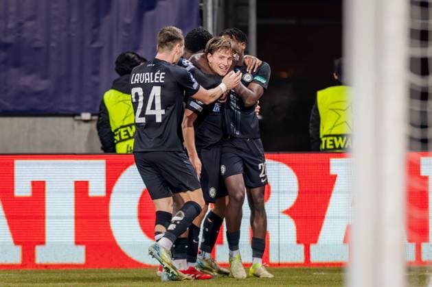 SOCCER - UEFA CL, Sturm vs RB Leipzig KLAGENFURT,AUSTRIA,29.JAN.25 - SOCCER - UEFA Champions League, SK Sturm Graz vs RasenBallsport Leipzig. Image shows the rejoicing of SK Sturm Graz.  GEPAxpictures xMatthiasxTrinkl