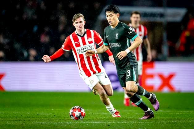 PSV Eindhoven midfielder Tygo Land, Liverpool FC defender Wataru Endo during the match PSV Liverpool at the Philips stadium for the Champions League League phase Matchday 8 season 2024 2025 in EINDHOVEN, Netherlands on 29 january 2025, photo by Marcel van Dorst EYE4images DeFodi Images Defodi 746 211684 Defodi-746