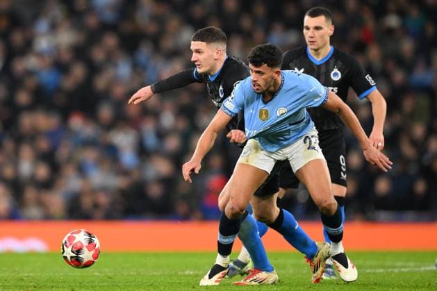 Manchester City v Club Brugge - UEFA Champions League MANCHESTER, ENGLAND - JANUARY 29 : Nunes Matheus midfielder of Manchester City and Tzolis Christos forward of Club Brugge battle for the ball during the UEFA Champions League 2024 25 League Phase MD8 match between Manchester City and Club Brugge on January 29, 2025 in Manchester, England, 29 01 2025 Manchester England  Copyright: xTomasxSiskx