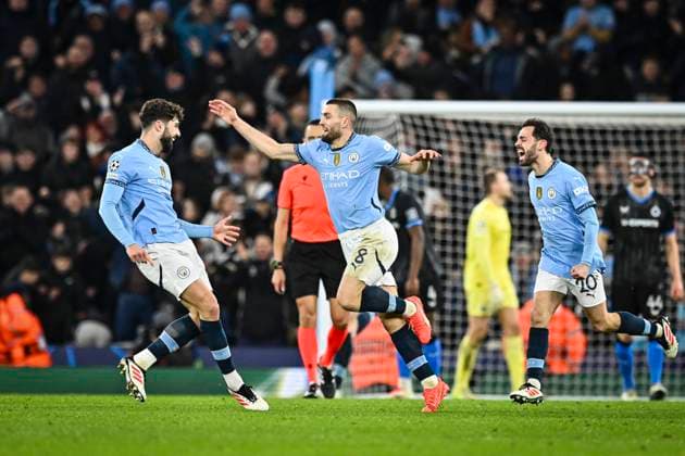 29th January 2025; Etihad Stadium, Manchester, England; UEFA Champions League Football, Manchester City versus Club Brugge; Mateo Kovacic of Manchester City celebrates after scoring in the 53rd minute for 1-1  ActionPlus12745106 GodfreyxPitt