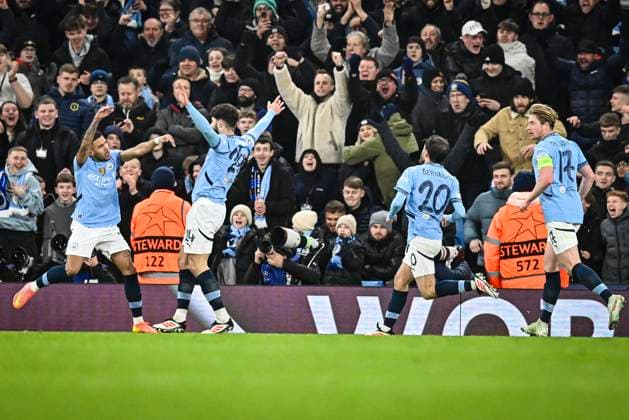 29th January 2025; Etihad Stadium, Manchester, England; UEFA Champions League Football, Manchester City versus Club Brugge; Manchester City celebrate an own goal scored by Joel Ordonez of Club Brugge in the 62nd minute for 2-1  ActionPlus12745111 GodfreyxPitt