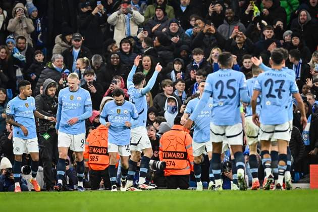 29th January 2025; Etihad Stadium, Manchester, England; UEFA Champions League Football, Manchester City versus Club Brugge; Manchester City celebrate an own goal scored by Joel Ordonez of Club Brugge in the 62nd minute for 2-1  ActionPlus12745113 GodfreyxPitt