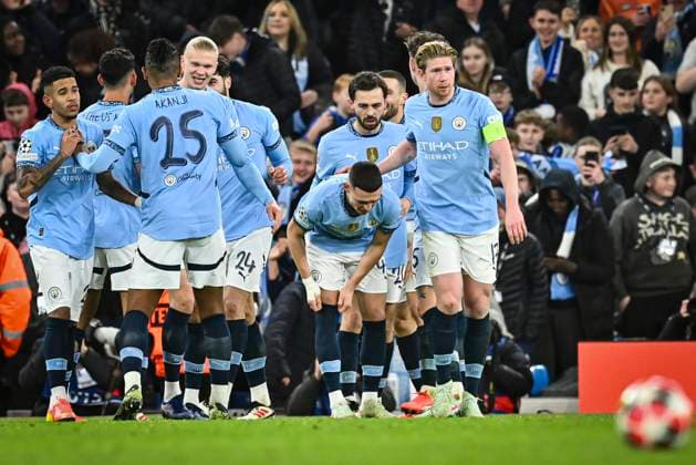 29th January 2025; Etihad Stadium, Manchester, England; UEFA Champions League Football, Manchester City versus Club Brugge; Manchester City celebrate an own goal scored by Joel Ordonez of Club Brugge in the 62nd minute for 2-1  ActionPlus12745114 GodfreyxPitt