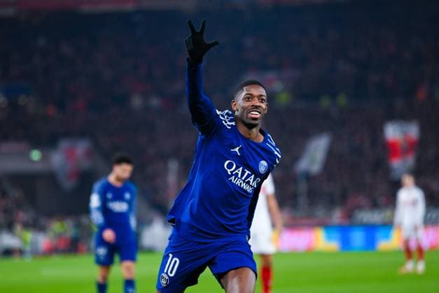 Ousmane Dembele Paris Saint Germain gestures and celebrate his third goal during the UEFA Champions League 2024 25 League Phase MD8 match between VfB Stuttgart and Paris Saint Germain at MHPArena on January 29, 2025 in Stuttgart, Germany Photo by Silas Schueller DeFodi Images Defodi 738 738 VFBPSG 20250129 226 Defodi-738