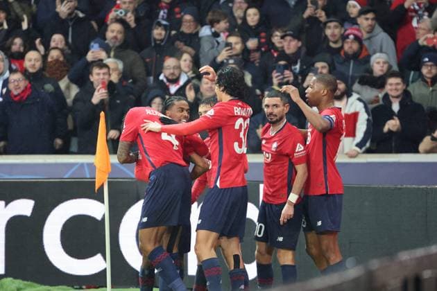 FOOTBALL : LOSC Lille vs Feyenoord - Ligue des Champions - 29 01 2025 Joie des joueurs du LOSC apres le but de Angel GOMES (LOSC Lille) lors du match LOSC Lille vs Feyenoord, Ligue des Champions, Decathlon Arena stade Pierre Mauroy Villeneuve d Ascq, le 29 janvier 2025 - photo Laurent Sanson PsnewZ  Copyright: xLaurentxSANSONx xPsnewZx