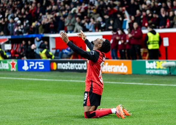 Leverkusen, Bayarena, 29.01.2025: Nathan Tella of Leverkusen celebrates scoring the 2:0 goal during the championsleague match between Bayer 04 Leverkusen v. Sparta Prag.