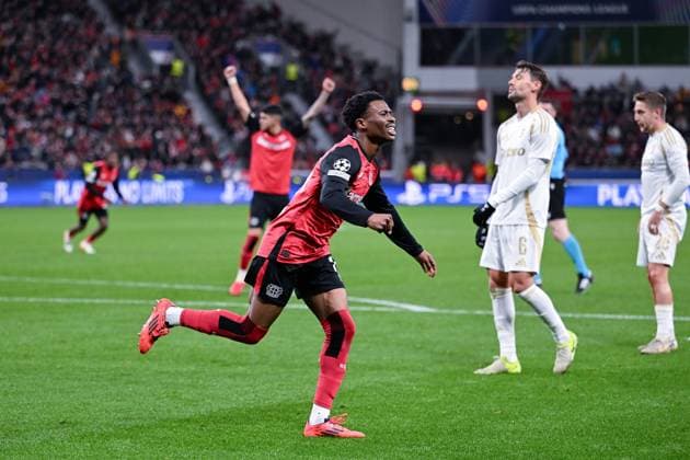29 01 2025, Football, Champions League, Matchday 8, Season 2024 2025, Bayer 04 Leverkusen Sparta Prague, Nathan Tella Bayer Leverkusen celebrates the 2-0 goal, xRHR PHOTO TKx Copyright: RHR-FOTOx RHR-FOTO TK