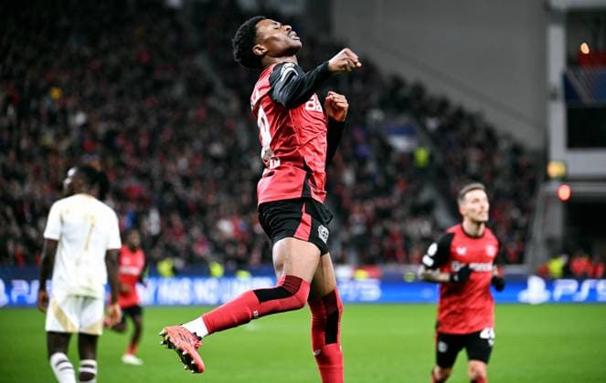 Soccer, Champions League, Germany, Men, Season 2024 2025, Matchday 8, BayArena Leverkusen Bayer Leverkusen Sparta Prague Cheers Nathan Tella LEV after his goal for 2 0 Cheers, joy, action