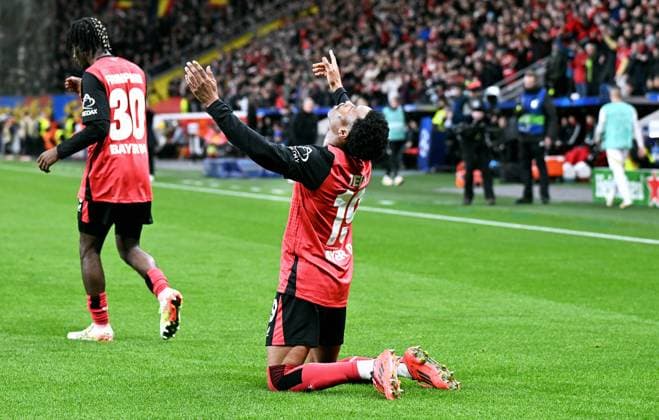 Soccer, Champions League, Germany, Men, Season 2024 2025, Matchday 8, BayArena Leverkusen Bayer Leverkusen Sparta Prague Cheers Nathan Tella LEV after his goal for 2 0 Cheers, joy, action