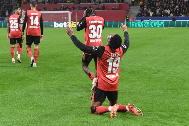 Goalscorer Nathan Tella Bayer 04 Leverkusen celebrates after his goal for 2 0 GER, Bayer 04 Leverkusen vs Slavia Prague, Football, UEFA Champions League, League phase, 2024 2025 season, 29 01 2025 GER, Bayer 04 Leverkusen vs Slavia Prague, Football, UEFA Champions League, League phase, 2024 2025 season, 29 01 2025 Leverkusen Copyright: xEibner-Pressefoto ThomasxThienelx EP_TTL