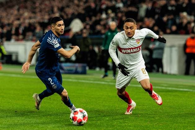 UEFA Champions League VfB Stuttgart FC Paris Saint Germain 29 01 2025 duel Achraf Hakimi FC Paris Saint Germain, 2 , Enzo Millot VfB Stuttgart, 8 UEFA Champions League VfB Stuttgart FC Paris Saint Germain Stuttgart, Arena Stuttgart on 29 01 2025 Copyright: xBEAUTIFULxSPORTS Wunderlx