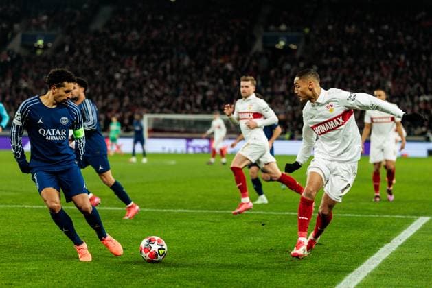 UEFA Champions League VfB Stuttgart FC Paris Saint Germain 29 01 2025 duel Marquinhos FC Paris Saint Germain, 5 , Enzo Millot VfB Stuttgart, 8 UEFA Champions League VfB Stuttgart FC Paris Saint Germain Stuttgart, Arena Stuttgart on 29 01 2025 Copyright: xBEAUTIFULxSPORTS Wunderlx