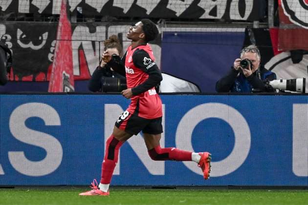 Nathan Tella Leverkusen 19 celebrates after scoring 2 0 29 01 2025 Soccer Champions League, Bayer Leverkusen vs Sparta Prague, BayArena, Leverkusen, Copyright: xpepphotox xHorstxMauelshagenx pep00321, pep_20250129_hm_1132