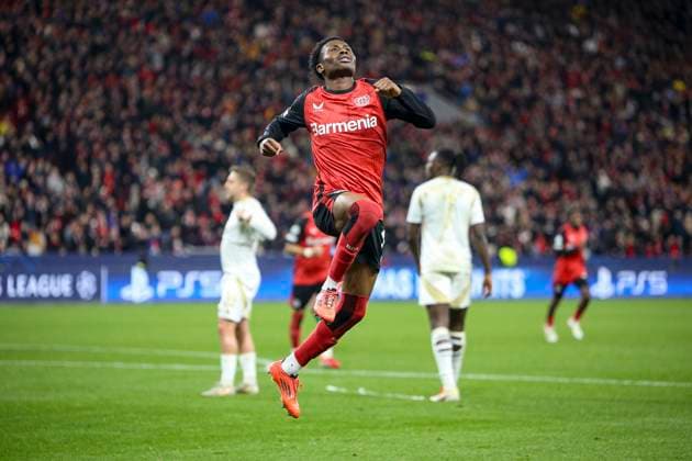 Leverkusen, Germany, 29 01 25 Nathan Tella Bayer 04 Leverkusen goal celebration, celebrates after his goal for 2 0 during the Champions League group stage match between Bayer 04 Leverkusen vs Sparta Prag at BayArena Leverkusen BayArena North Rhine Westphalia Germany Copyright: xBrauer-Fotoagenturx xAdrianxSchlx