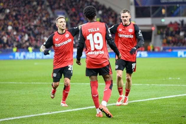 Leverkusen, Germany, 29 01 25 Nathan Tella Bayer 04 Leverkusen goal celebration, celebrates after his goal for 2 0 with Alejandro Grimaldo Bayer 04 Leverkusen and Florian Richard Wirtz Bayer 04 Leverkusen during the Champions League group stage match between Bayer 04 Leverkusen and Sparta Prag at BayArena Leverkusen BayArena North Rhine Westphalia Germany Copyright: xBrauer-Fotoagenturx xAdrianxSchlx