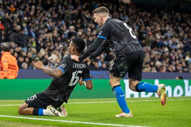 Manchester City v Club Brugge KV - UEFA Champions League 2024 25 League Phase MD8 Raphael Onyedika 15 of Club Brugge celebrates his goal during the UEFA Champions League 2024 25 League Phase MD8 match between Manchester City and Club Brugge at the Etihad Stadium in Manchester, on January 29, 2025. Manchester Manchester United, ManU Kingdom  Copyright: xMIxNewsx originalFilename:fletcher-manchest250129_npS7M.jpg