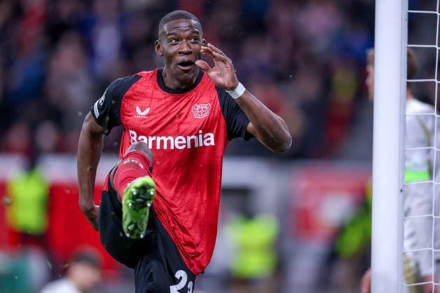 29 01 2025, Football, Bayer 04 Leverkusen AC Sparta Prague, UEFA Champions League, Matchday 8, BayArena, Season 2024 2025 Goal celebration after the 2-0 goal by scorer Nathan Tella Bayer04 Leverkusen 19 In the picture Nordi Mukiele Bayer04 Leverkusen 23 cheering North Rhine-Westphalia Germany