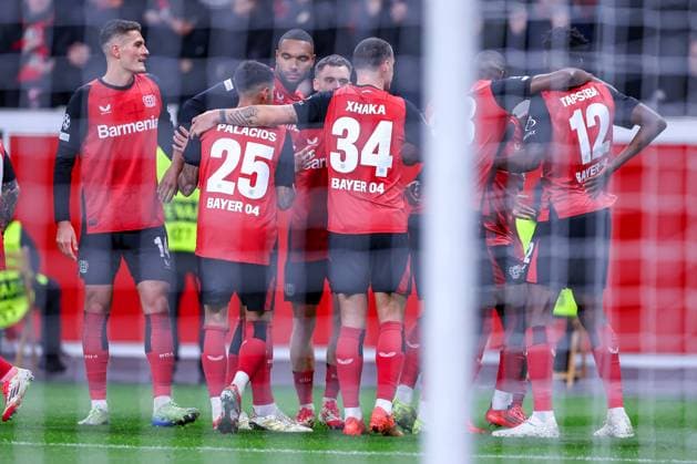 29 01 2025, Soccer, Bayer 04 Leverkusen AC Sparta Prague, UEFA Champions League, Matchday 8, BayArena, Season 2024 2025 Goal celebration after the 2-0 goal by scorer Nathan Tella Bayer04 Leverkusen 19 North Rhine-Westphalia Germany