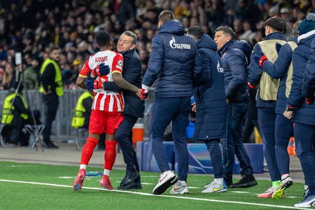 Bern, Switzerland, January 29st 2025: Goalscorer GuÃ lor Kanga (8 Crvena zvezda) during the UEFA Champions League football match between BSC Young Boys and FK Crvena zvezda at Stadion Wankdorf in Bern, Switzerland. Philipp Kresnik (Philipp Kresnik SPP) Copyright: xPhilippxKresnikx xSPPx spp-en-PhKrSp-_KRE5467-Verbessert-RR