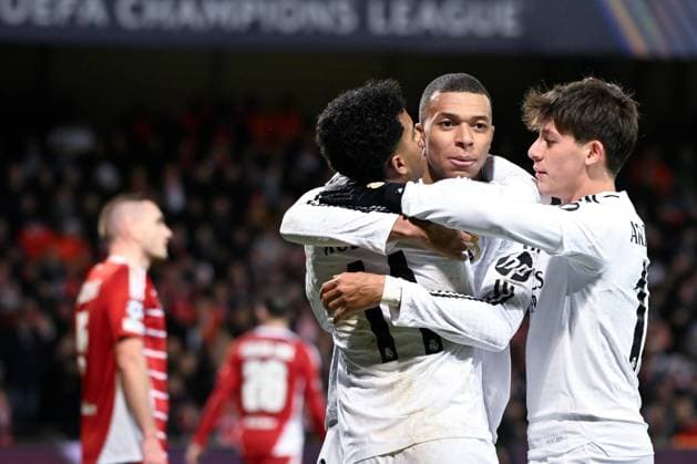 FOOTBALL : Brest vs Real Madrid - Ligue des Champions - 29 01 2025 Rodrygo ( 11 - Real Madrid ) celebrates with Kylian Mbappe ( 9 - Real Madrid ) during the UEFA Champions League match between Stade Brestois 29 and Real Madrid CF at Stade de Roudourou on January 29 , 2025 in Guingamp, France. ( Photo by Dante Badano PsnewZ ) - GuingampFrance  Copyright: xDantexBadanox