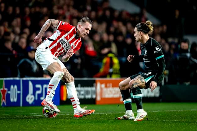 Liverpool FC defender Kostas Tsimikas, PSV Eindhoven defender Rick Karsdorp during the match PSV Liverpool at the Philips stadium for the Champions League League phase Matchday 8 season 2024 2025 in EINDHOVEN, Netherlands on 29 january 2025, photo by Marcel van Dorst EYE4images DeFodi Images Defodi 746 211695 Defodi-746
